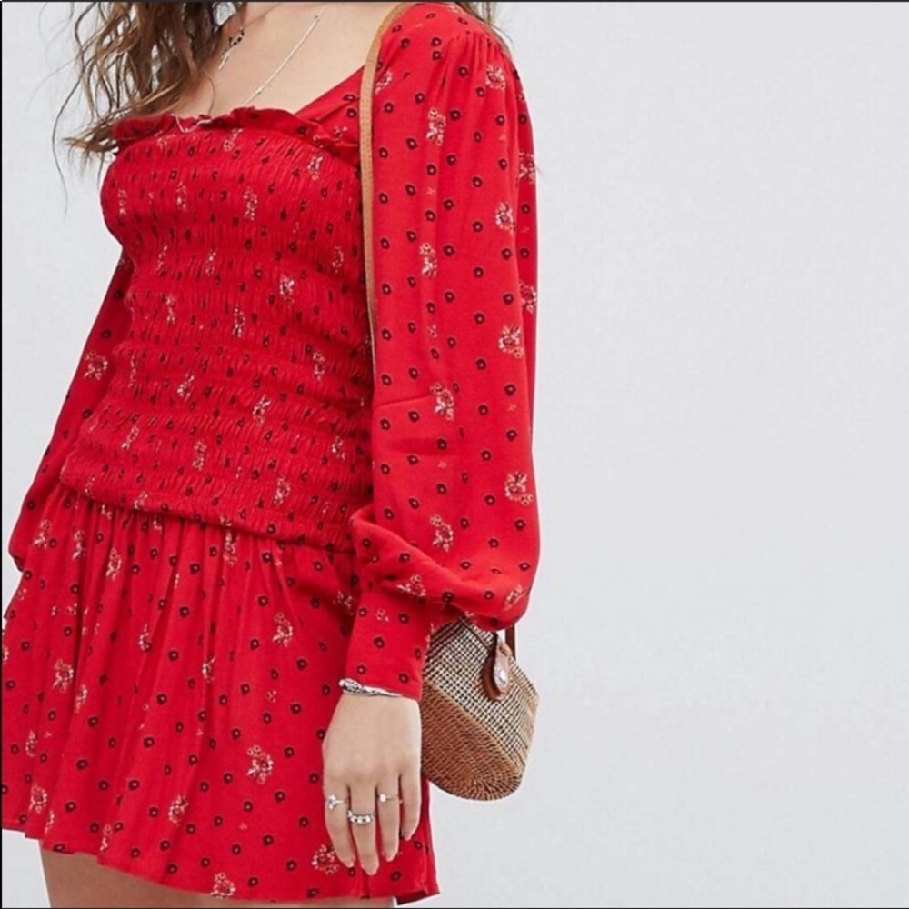 Free People Ruby Red Boho Festival Two Faces Print Smocked Mini Dress